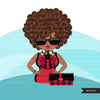 Black woman clipart avatar, Ankara polka dot print bow tie, fashion graphics shop logo boss afro girl clip art print and cut PNG