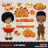 Thanksgiving Clipart, black afro thanksgiving graphics with gobble gobble Turkey and fall, boy and girl