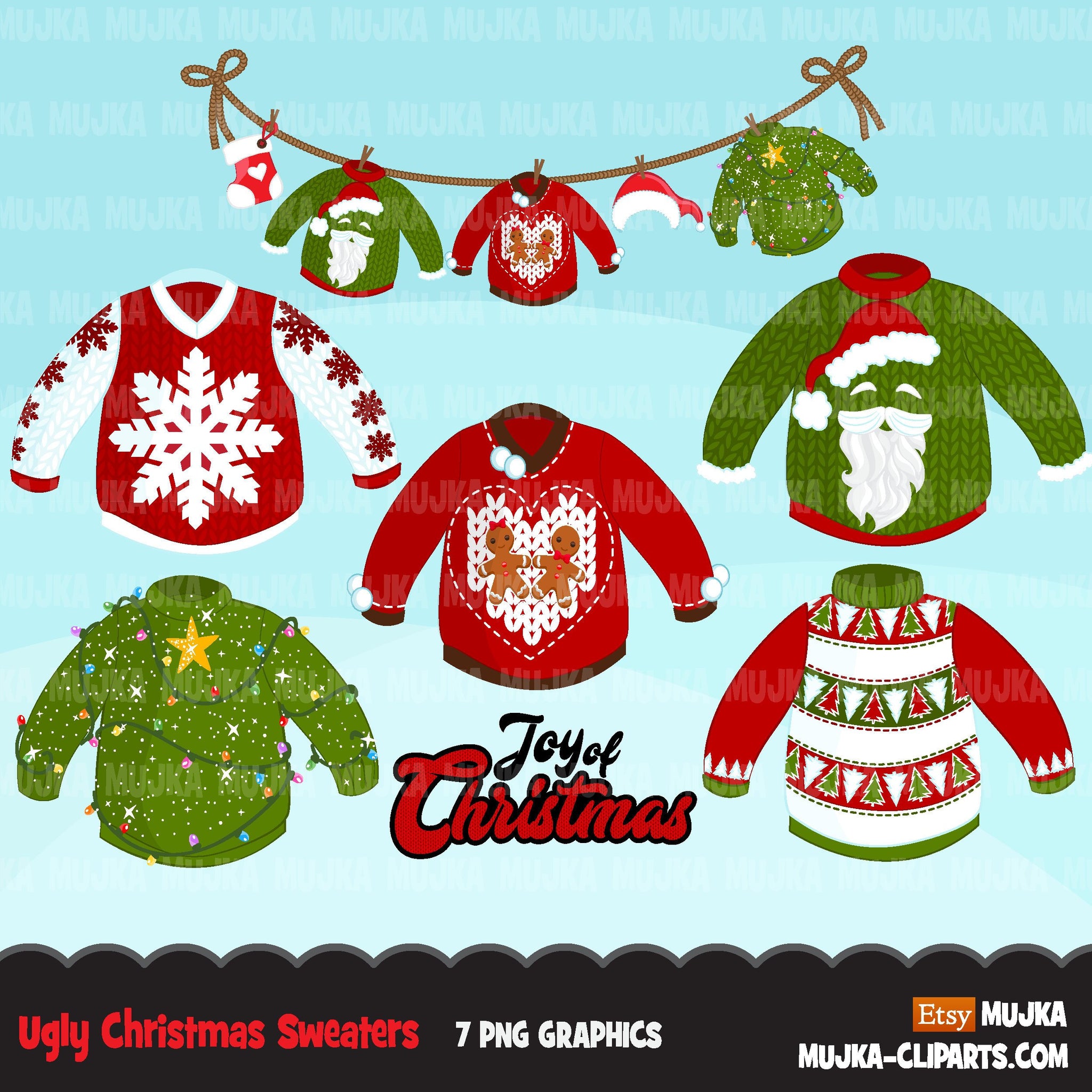 Ugly Christmas Sweaters Clipart, Joy of Chrismas clothesline , noel cardigan graphics