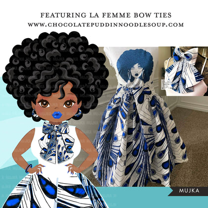 Black woman clipart avatar, Ankara peacock print bow tie and skirt, fashion graphics shop logo sorority zeta boss afro girl clip art PNG