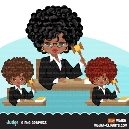 Afro Woman Judge avatar clipart with gavel and law book, print and cut, justice black girl clip art, court of law