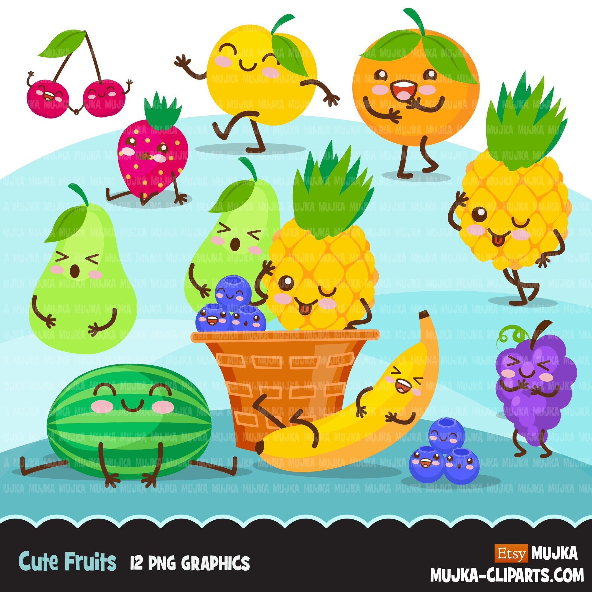 Fruit clipart, cute kawaii fruit graphics, pineapple, apple, banana, melon, cherry, strawberry, grape, orange, pear PNG t-shirt clip art