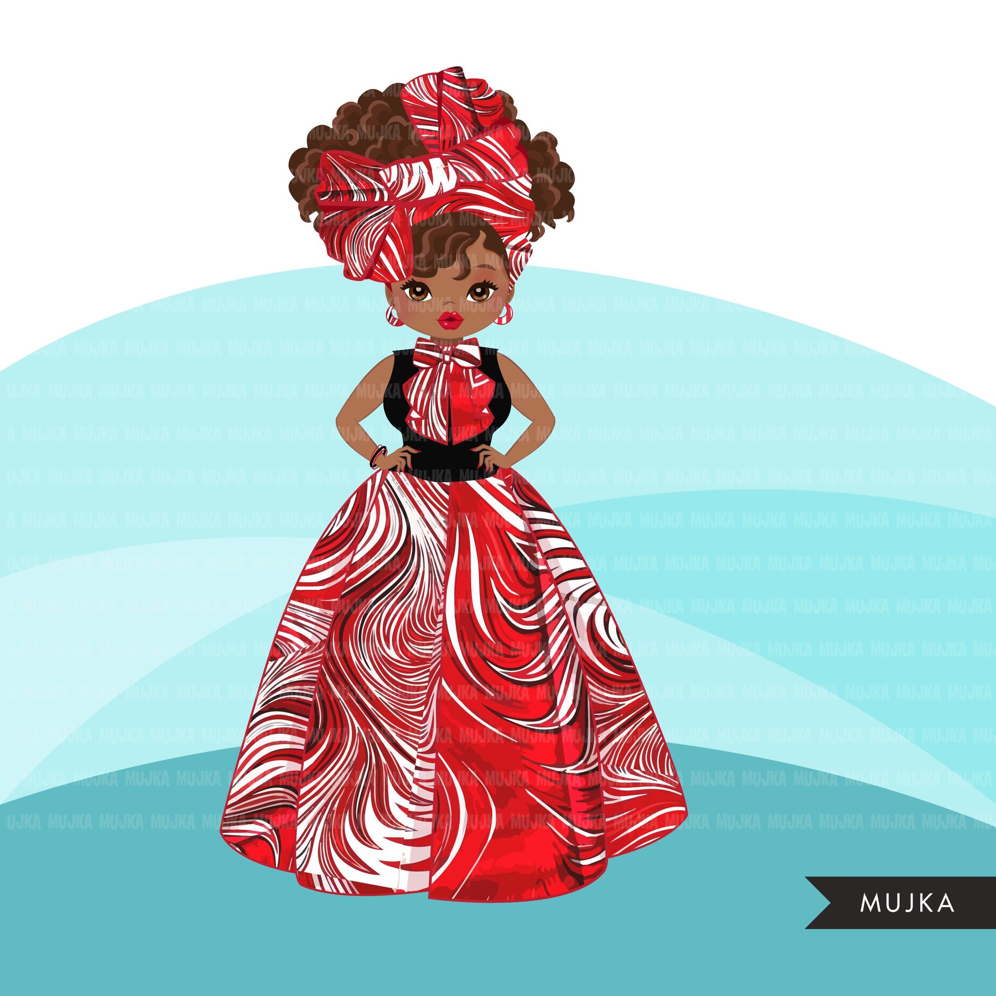 Black woman clipart avatar, Ankara Red white print bow tie and skirt, fashion graphics shop logo sorority Delta boss afro girl clip art PNG head wrap
