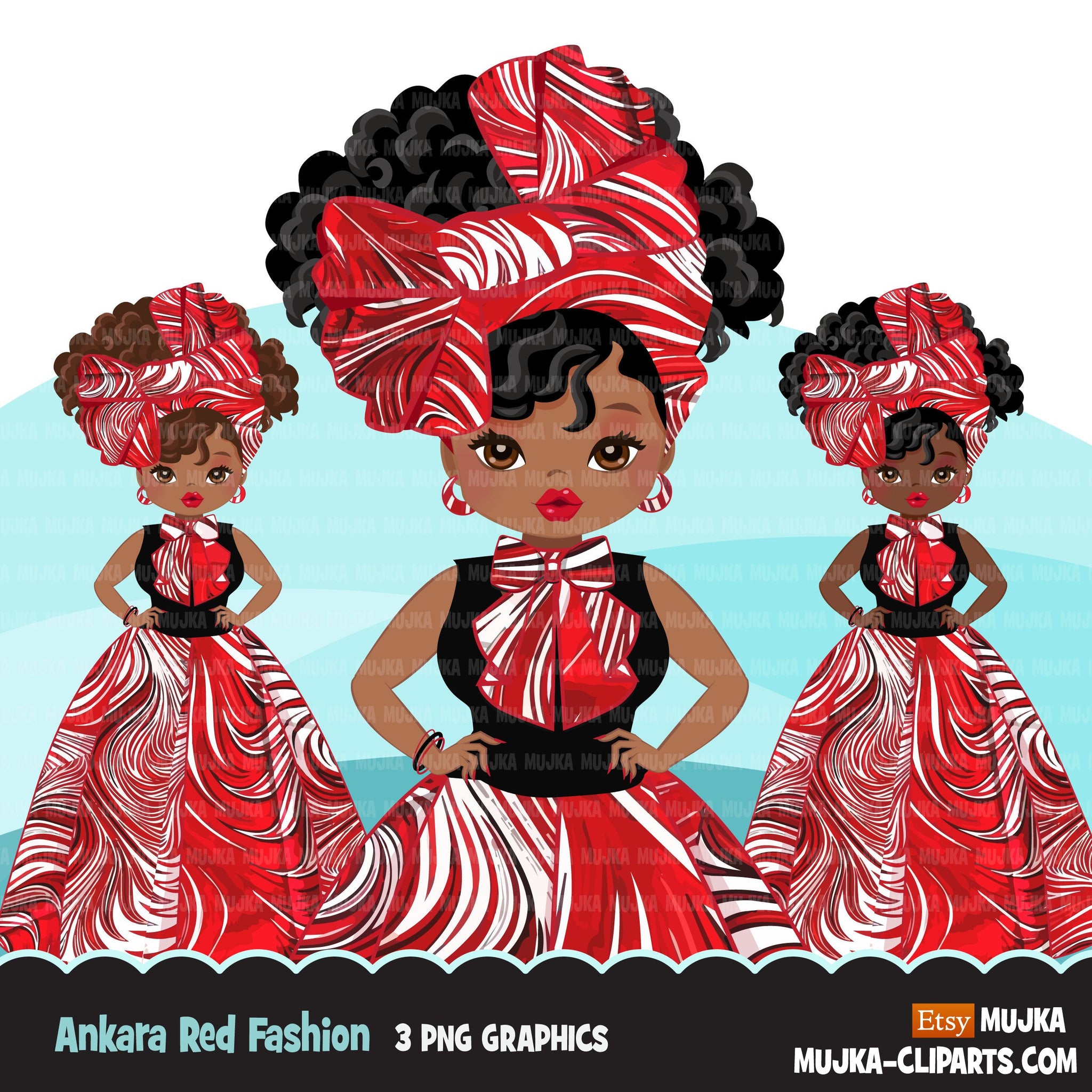 Black woman clipart avatar, Ankara Red white print bow tie and skirt, fashion graphics shop logo sorority Delta boss afro girl clip art PNG head wrap