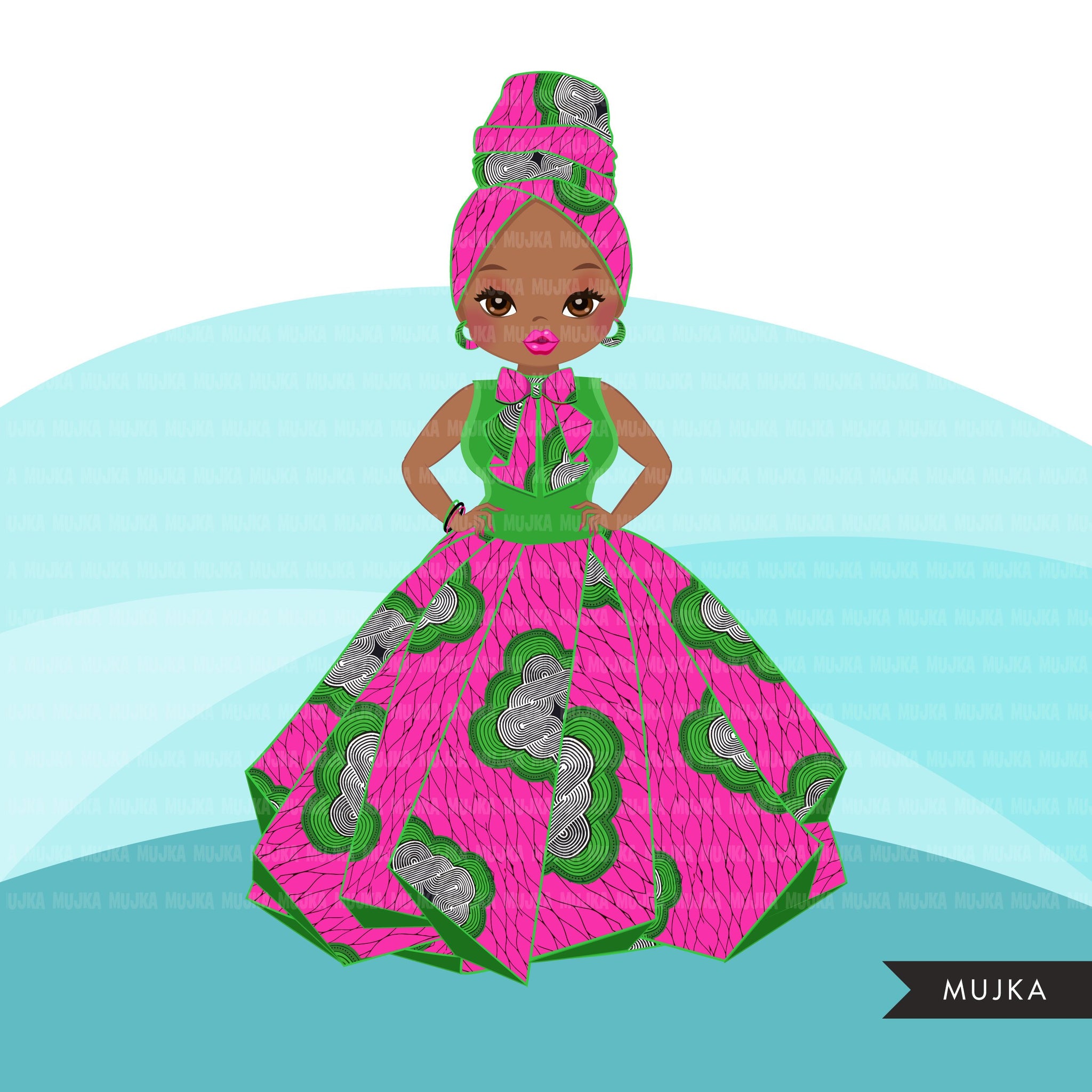 Black woman clipart avatar, Ankara Pink & Green print bow tie and skirt, fashion graphics sorority AKA boss afro girl clip art PNG head wrap