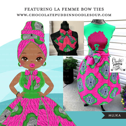 Black woman clipart avatar, Ankara Pink & Green print bow tie and skirt, fashion graphics sorority AKA boss afro girl clip art PNG head wrap