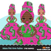 Black woman clipart avatar, Ankara Pink & Green print bow tie and skirt, fashion graphics sorority AKA boss afro girl clip art PNG head wrap