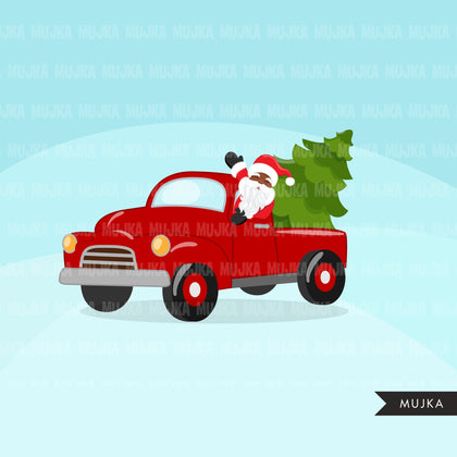 Christmas Trucks clipart, cute red barn trucks filled with Christmas trees, santa driving clip art