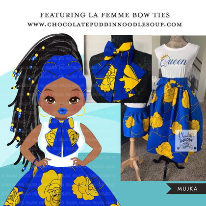 Black woman clipart avatar, Ankara Royal Blue Yellow print bow tie and skirt, fashion graphics sorority SIGMA boss afro girl clip art PNG head wrap