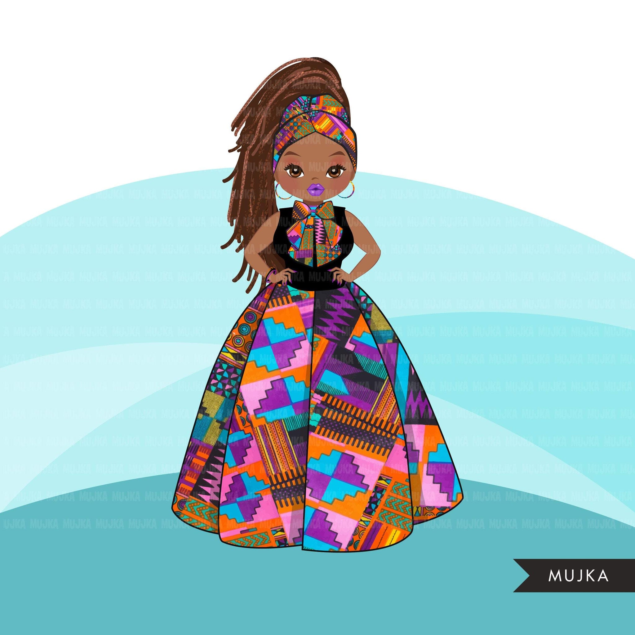 Avatar de imágenes prediseñadas de mujer negra, pajarita y falda con estampado multicolor Ankara kente, gráficos de moda envoltura para la cabeza trenzas chica clip art PNG