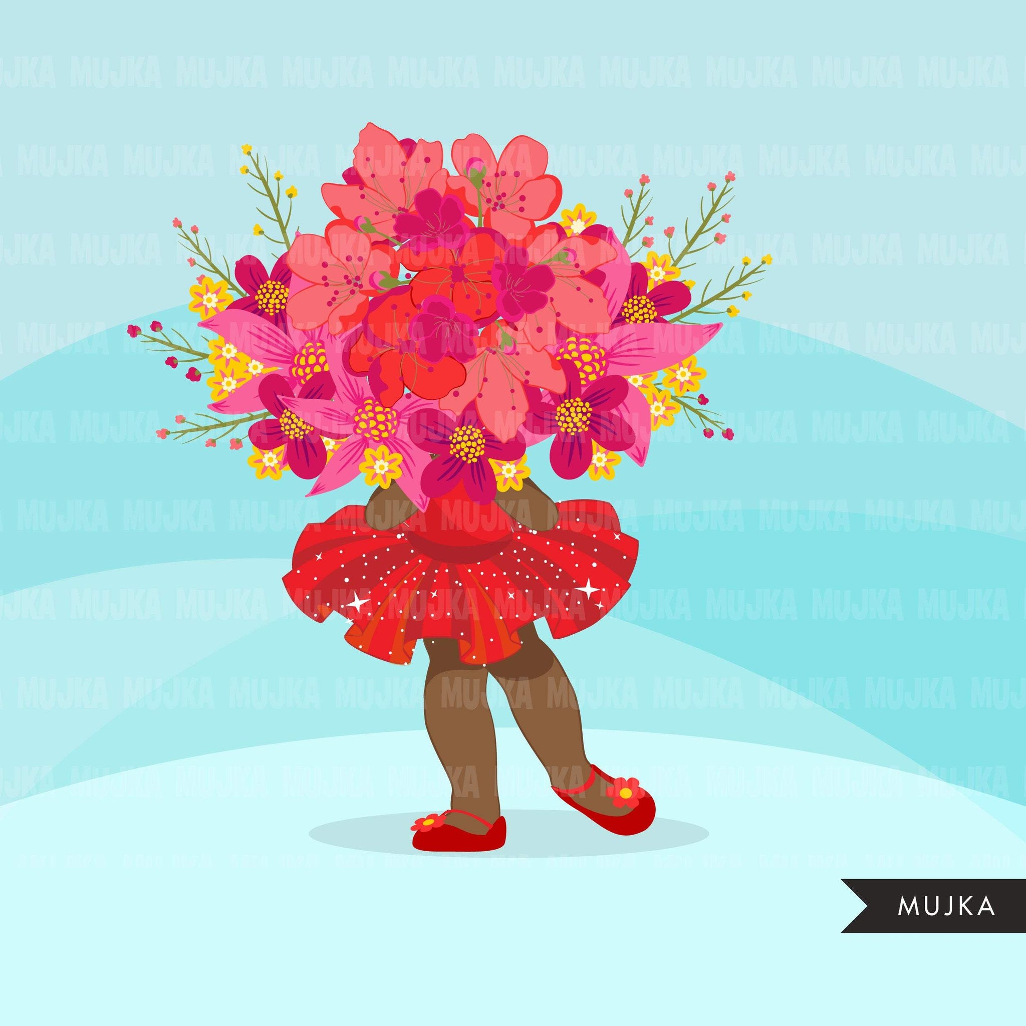 Valentine's Day flower girl clipart, pink tutu girls with a flower bouquet graphics, commercial use clip art