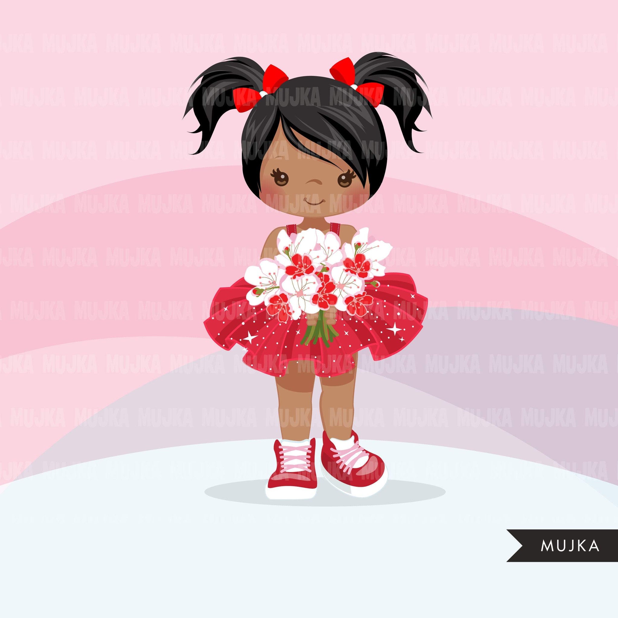 Valentine's Day flower girl clipart, red tutu pig tail girls with a flower bouquet graphics, commercial use valentine clip art