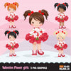 Valentine's Day flower girl clipart, red tutu pig tail girls with a flower bouquet graphics, commercial use valentine clip art