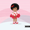 Valentine's Day flower black girl clipart, red tutu afro girls with a flower bouquet graphics, commercial use valentine clip art