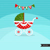 Baby's First Christmas Clipart, cute noel santa baby, diaper, baby shoes, pacifier, bunting banner, bib, stroller graphics