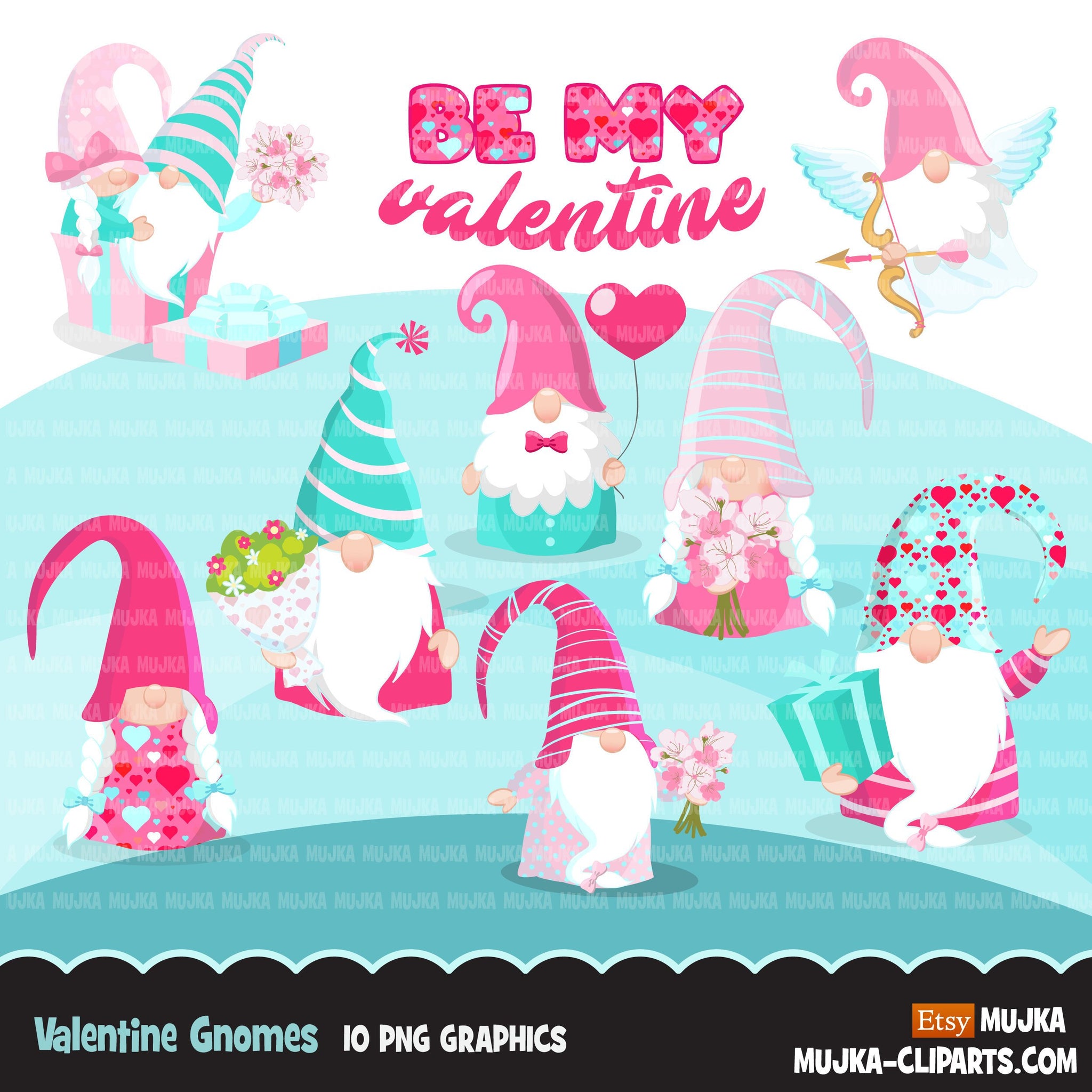 Valentine gnomes Clipart, Be my Valentine Gnome graphics, Valentine's Day characters, bouquet commercial use clip art