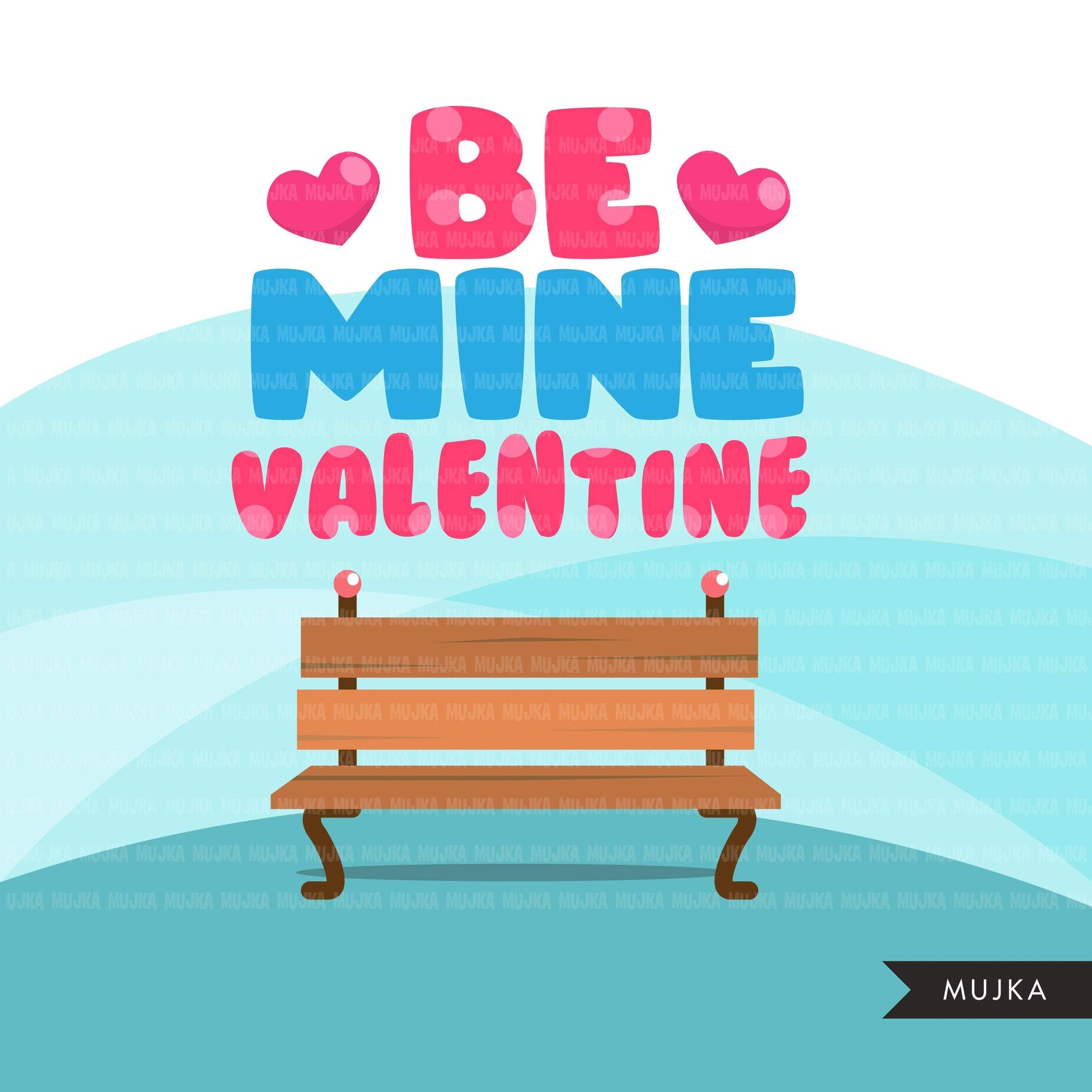 Valentine's Day Clipart, Cute Valentine black kids, couples sitting on a bench, be mine valentine graphics, commercial use clip art