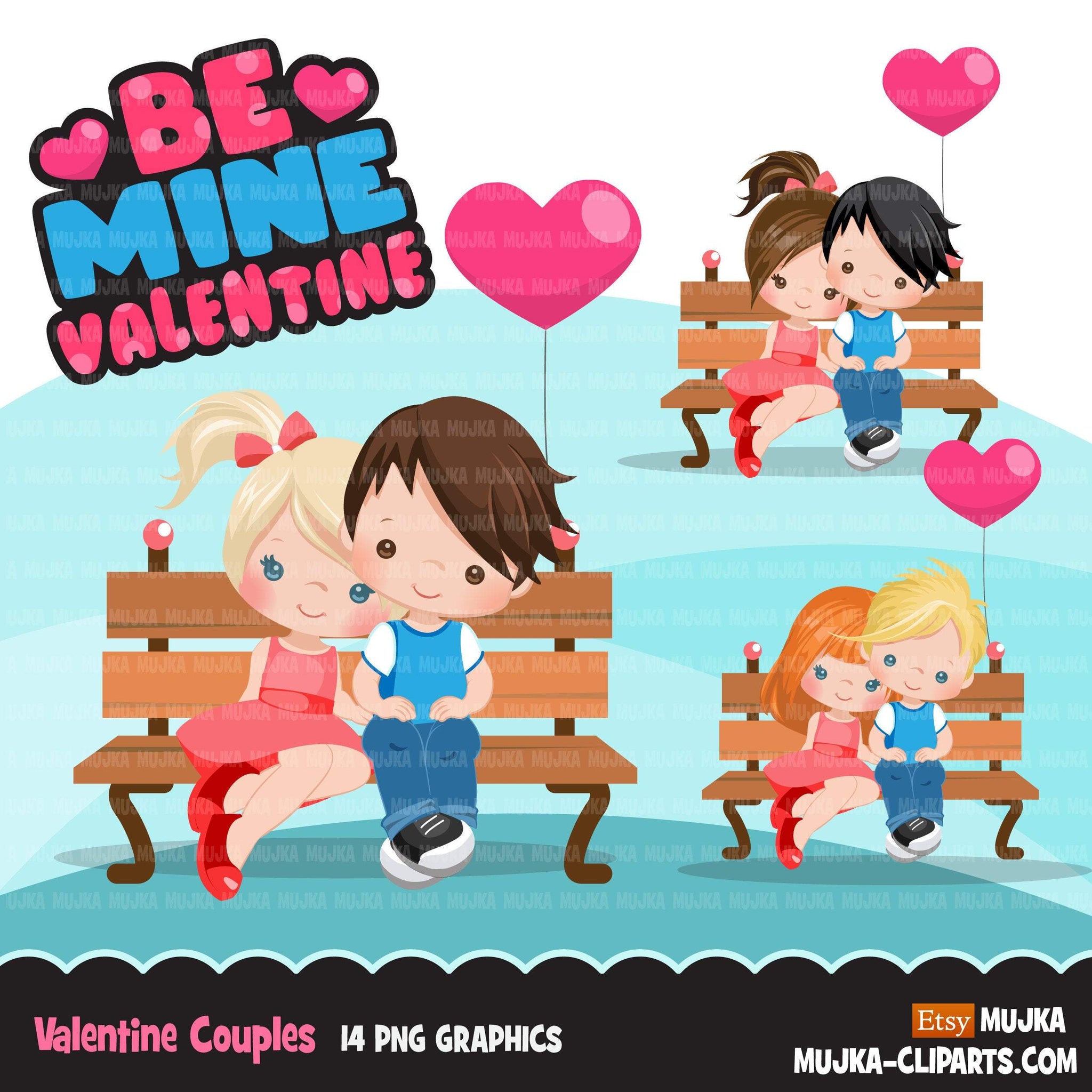 Valentine's Day Clipart, Cute Valentine kids, couples sitting on a bench, be mine valentine graphics, commercial use clip art