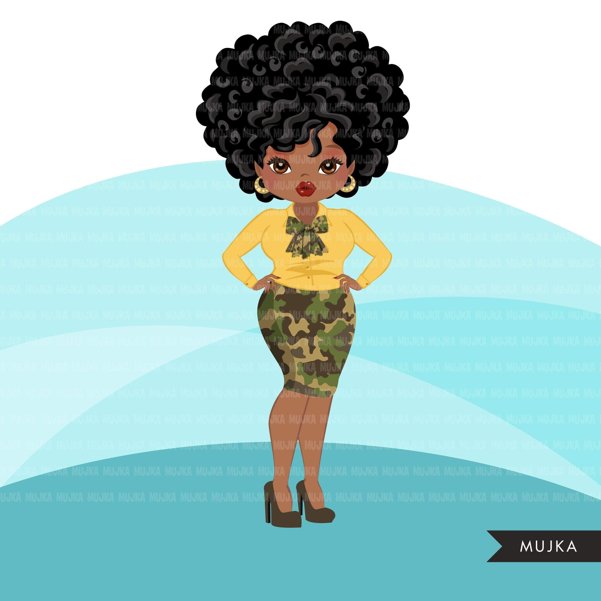 Black woman clipart avatar, Ankara camouflage print bow tie, pants and skirt, fashion graphics afro girl clip art PNG