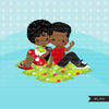 Valentine's Day Clipart, Cute Valentine black kids, couples sitting, XOXO valentine graphics, commercial use clip art