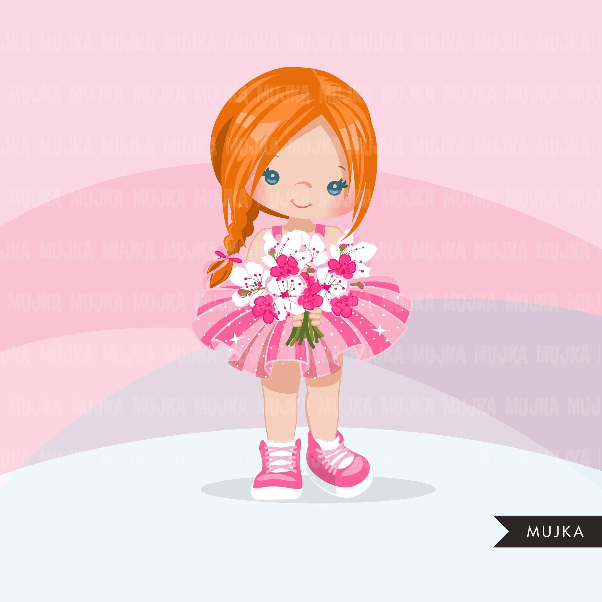 Valentine's Day flower girl clipart, pink tutu braid girls with a flower bouquet graphics, commercial use valentine clip art