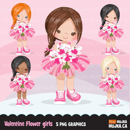 Valentine's Day flower girl clipart, pink tutu braid girls with a flower bouquet graphics, commercial use valentine clip art