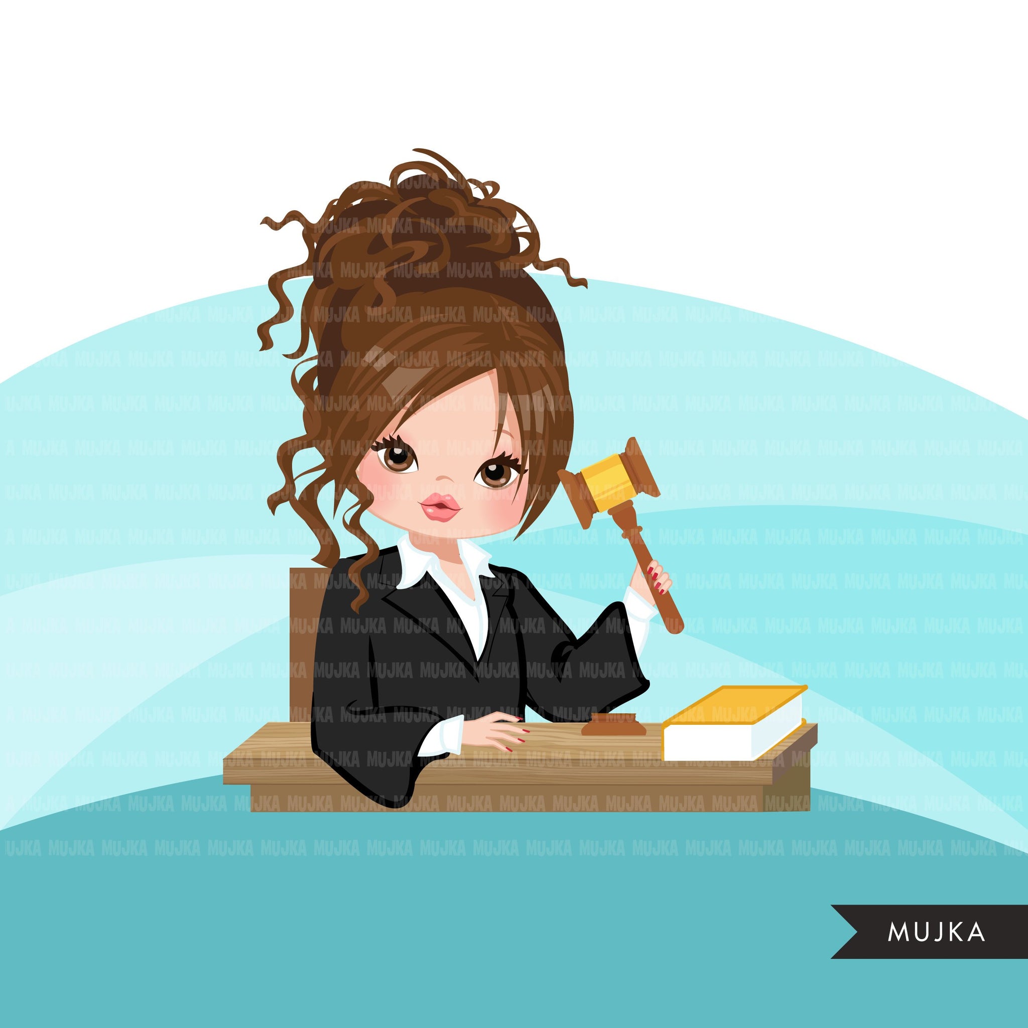 Mujer juez avatar clipart con mazo y libro de derecho, impresión y corte, clip art de la chica de la justicia, tribunal de justicia