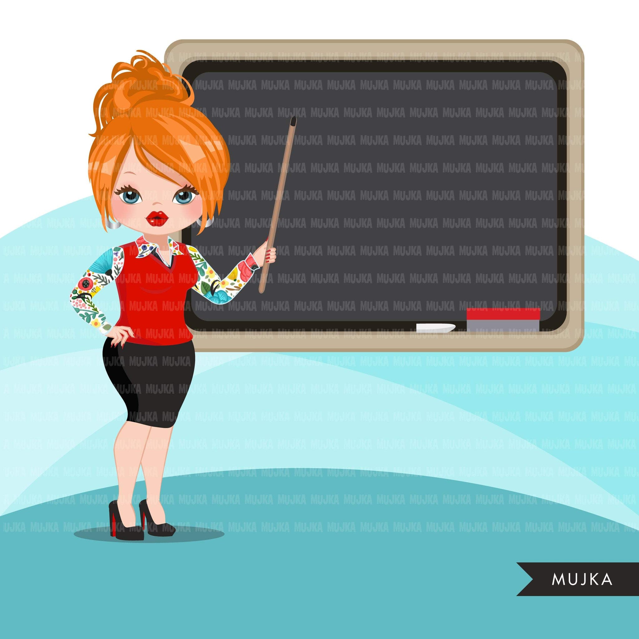 Teacher avatar clipart with blackboard, print and cut, education graphics, girl clip art, school teaching