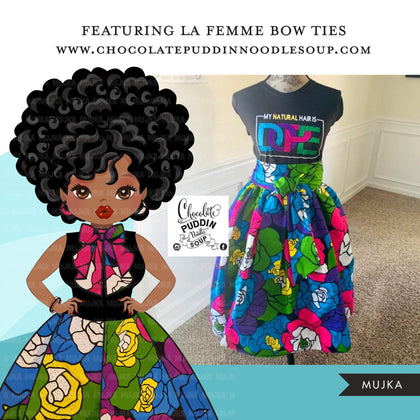 Black woman clipart avatar, Ankara flower print skirt, and bowtie fashion graphics sorority afro girl clip art PNG