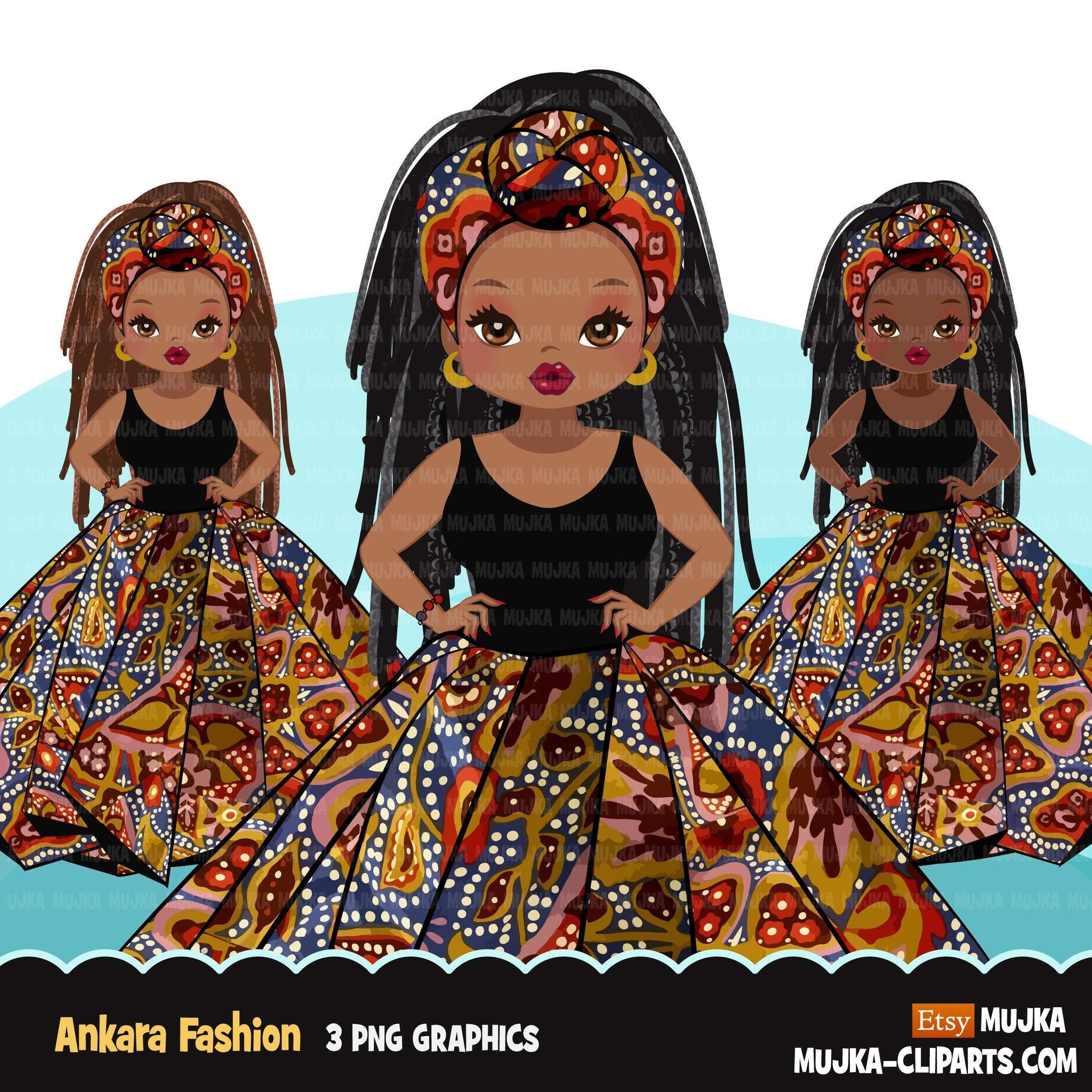 Black woman clipart avatar, Ankara kente African print head wrap and skirt, fashion graphics braids girl clip art PNG