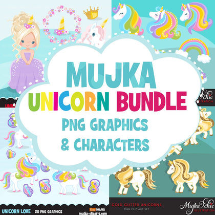 Unicorn Clipart Bundle, Unicorn princess, numbers, glitters graphics commercial use PNG clip art