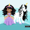 Unicorn clipart, black princess, unicorn gifts, rainbow girl, fairy tale graphics, commercial use clip art