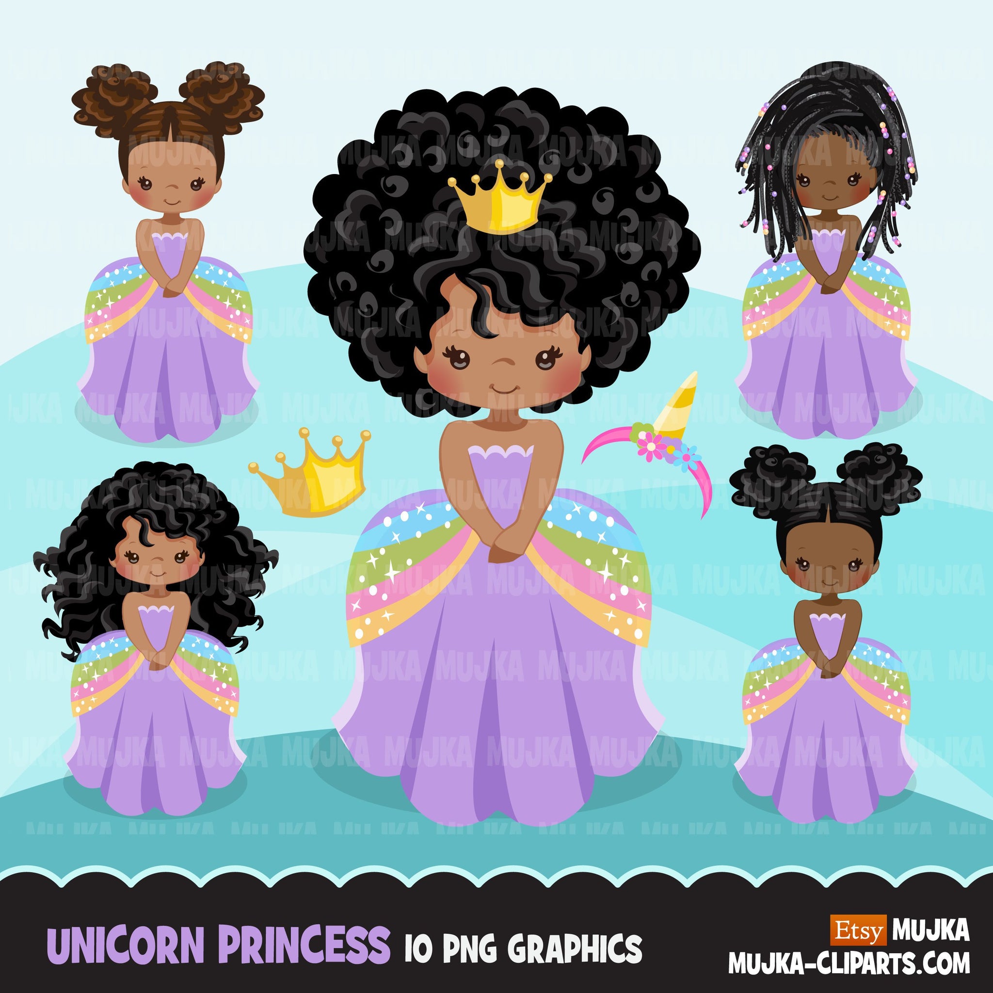 Imágenes prediseñadas de unicornio, princesa negra, regalos de unicornio, chica arco iris, gráficos de cuento de hadas, imágenes prediseñadas de uso comercial
