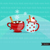 Hot chocolate Clipart, marshmallow cinnamon kind of day, snowflakes, plaid Christmas clip art graphics