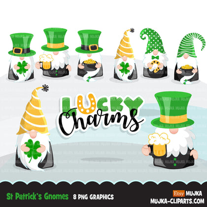 St Patricks Day Gnomes  Clipart, Lucky Irish, pot of gold, clover, beer, Irishman graphics, commercial use PNG clip art