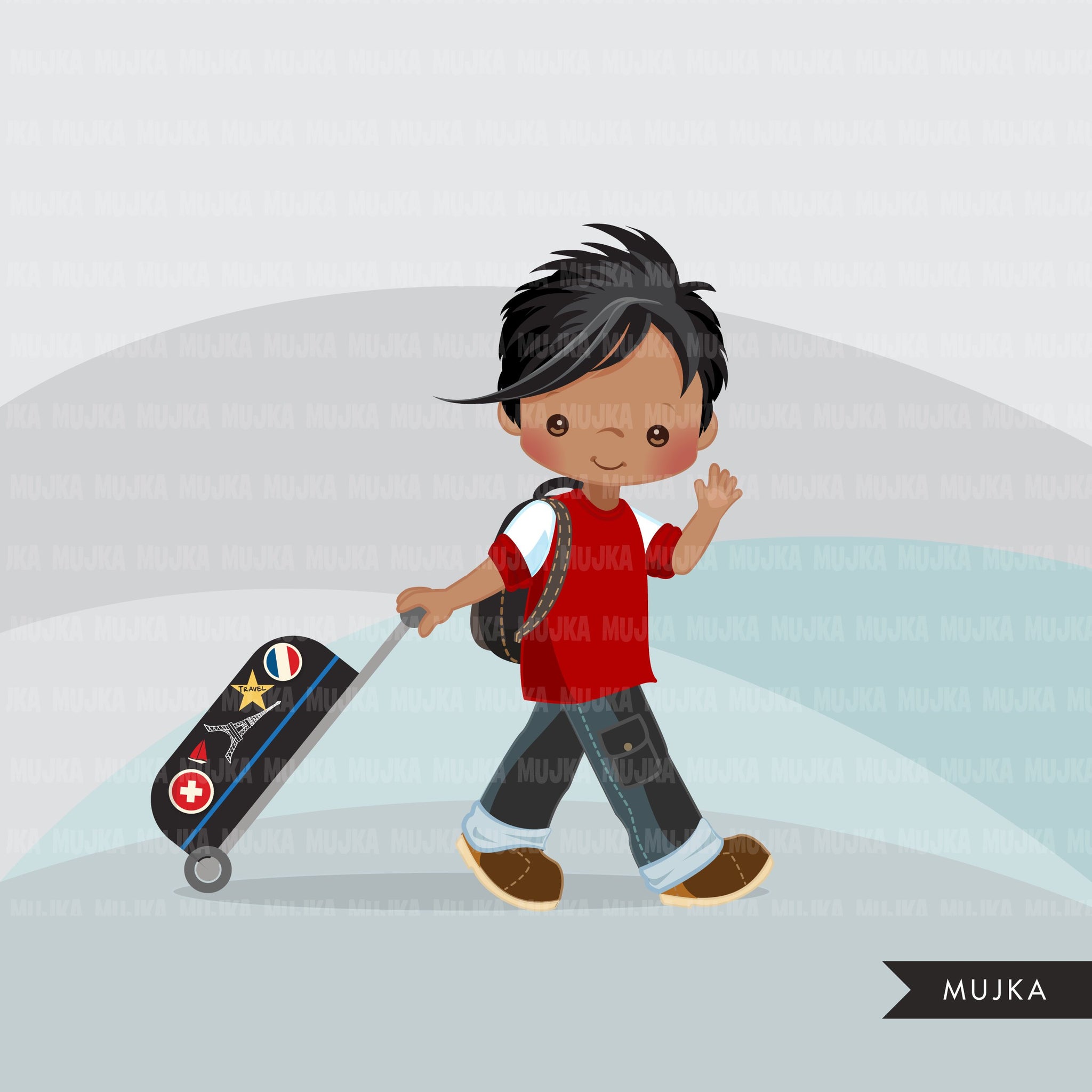 Traveling little boy clipart, Vacation graphics with suitcase and