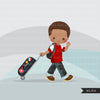 Traveling little black boy clipart, Vacation graphics with suitcase and backpack, passport cover graphics, holiday commercial use PNG
