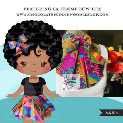 Black girl clipart avatar, Ankara kente multi-color print hair bow tie and skirt, fashion graphics black history afro girl clip art PNG