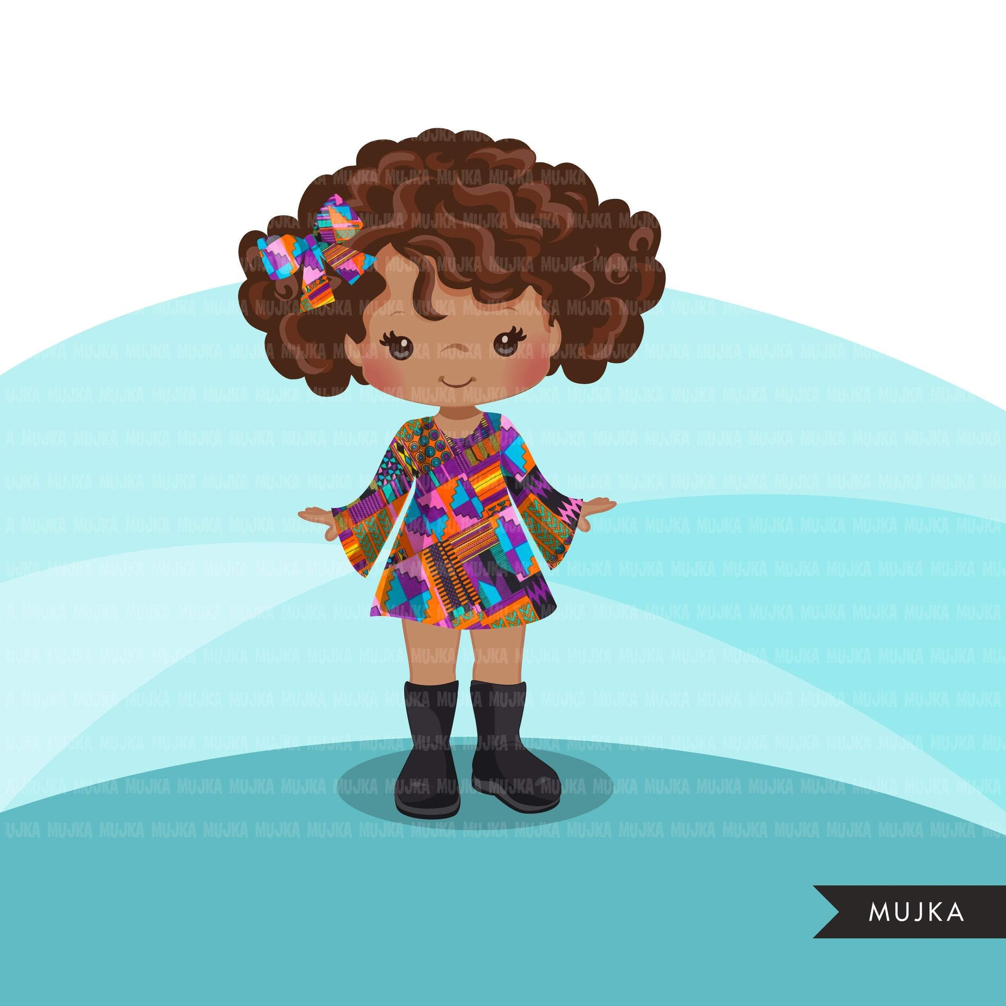 Black girl clipart avatar, Ankara kente multi-color print hair bow tie and skirt, fashion graphics black history afro girl clip art PNG