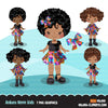 Black girl clipart avatar, Ankara kente multi-color print hair bow tie and skirt, fashion graphics black history afro girl clip art PNG