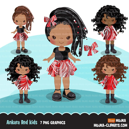 Black girl clipart avatar, Ankara kente RED hair bow tie and skirt, fashion graphics black history afro girl clip art PNG