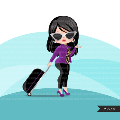 Travelling girl clipart avatar with suitcase, print and cut, shop logo boss girl clip art purple leopard skin graphics