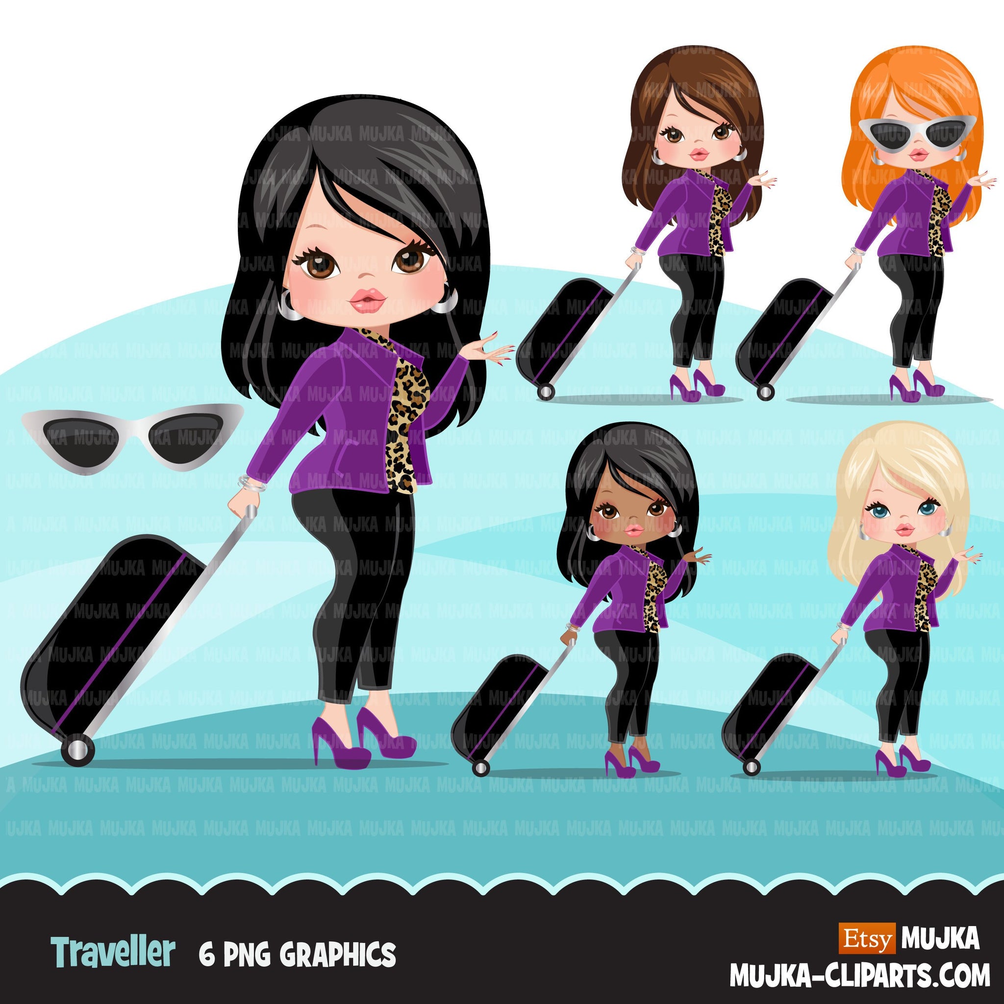 Travelling girl clipart avatar with suitcase, print and cut, shop logo boss girl clip art purple leopard skin graphics