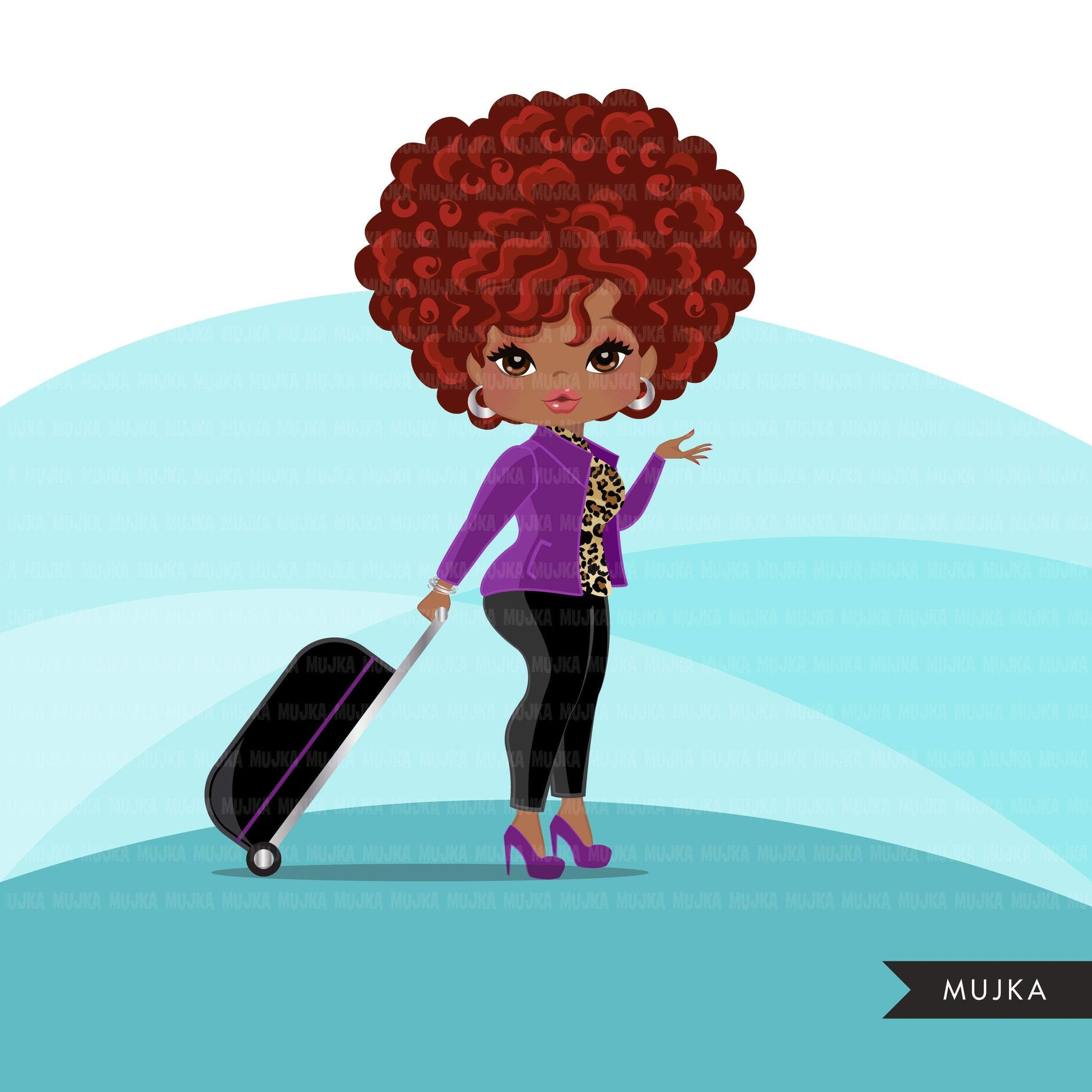 Travelling black woman clipart avatar with suitcase, print and cut, shop logo boss afro girl clip art purple leopard skin graphics