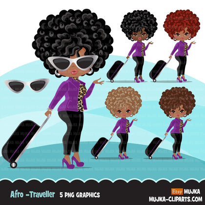 Travelling black woman clipart avatar with suitcase, print and cut, shop logo boss afro girl clip art purple leopard skin graphics