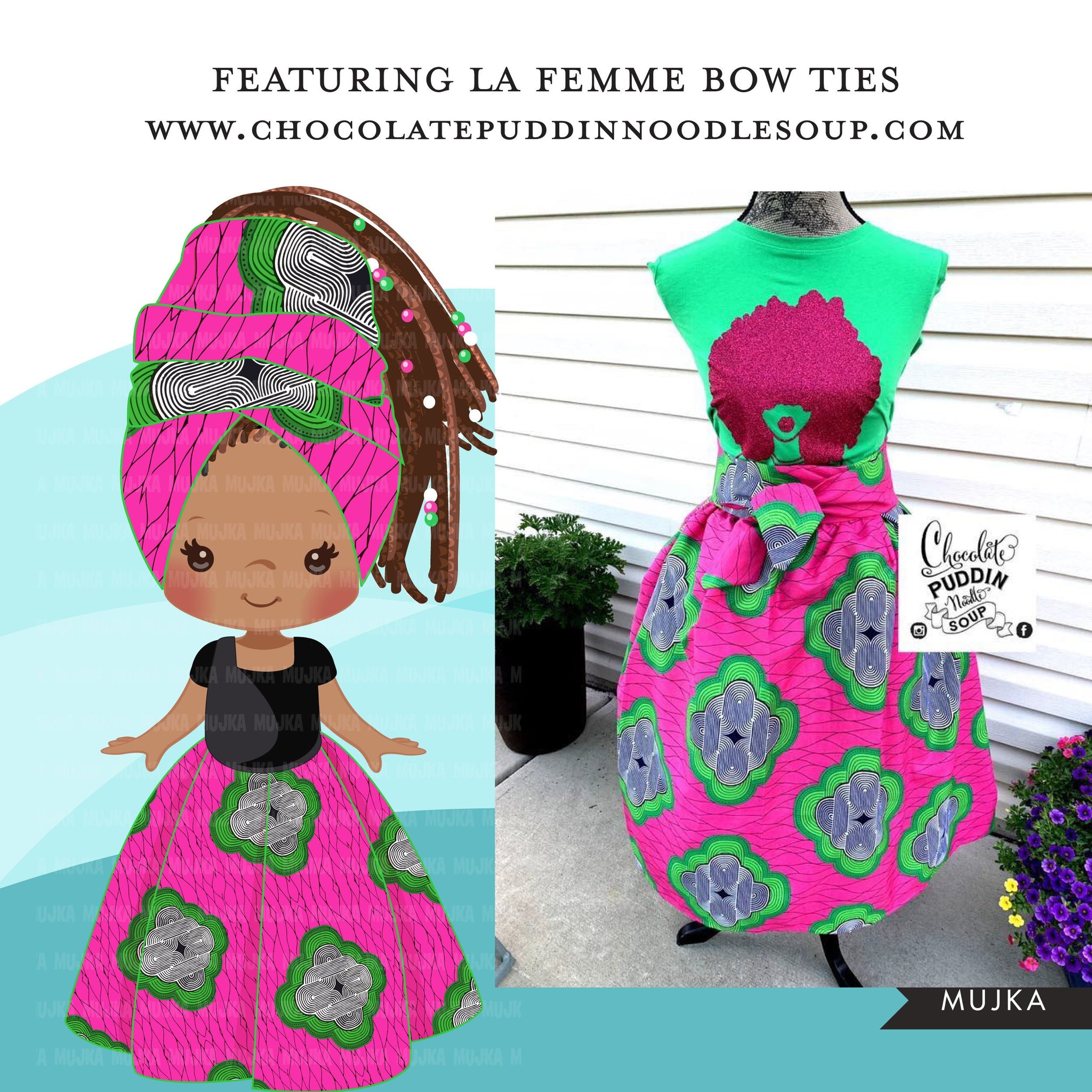 Black girl clipart avatar, Ankara pink and green print hair bow tie and skirt, african fabric, black history graphics afro girl clip art PNG
