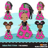 Black girl clipart avatar, Ankara pink and green print hair bow tie and skirt, african fabric, black history graphics afro girl clip art PNG