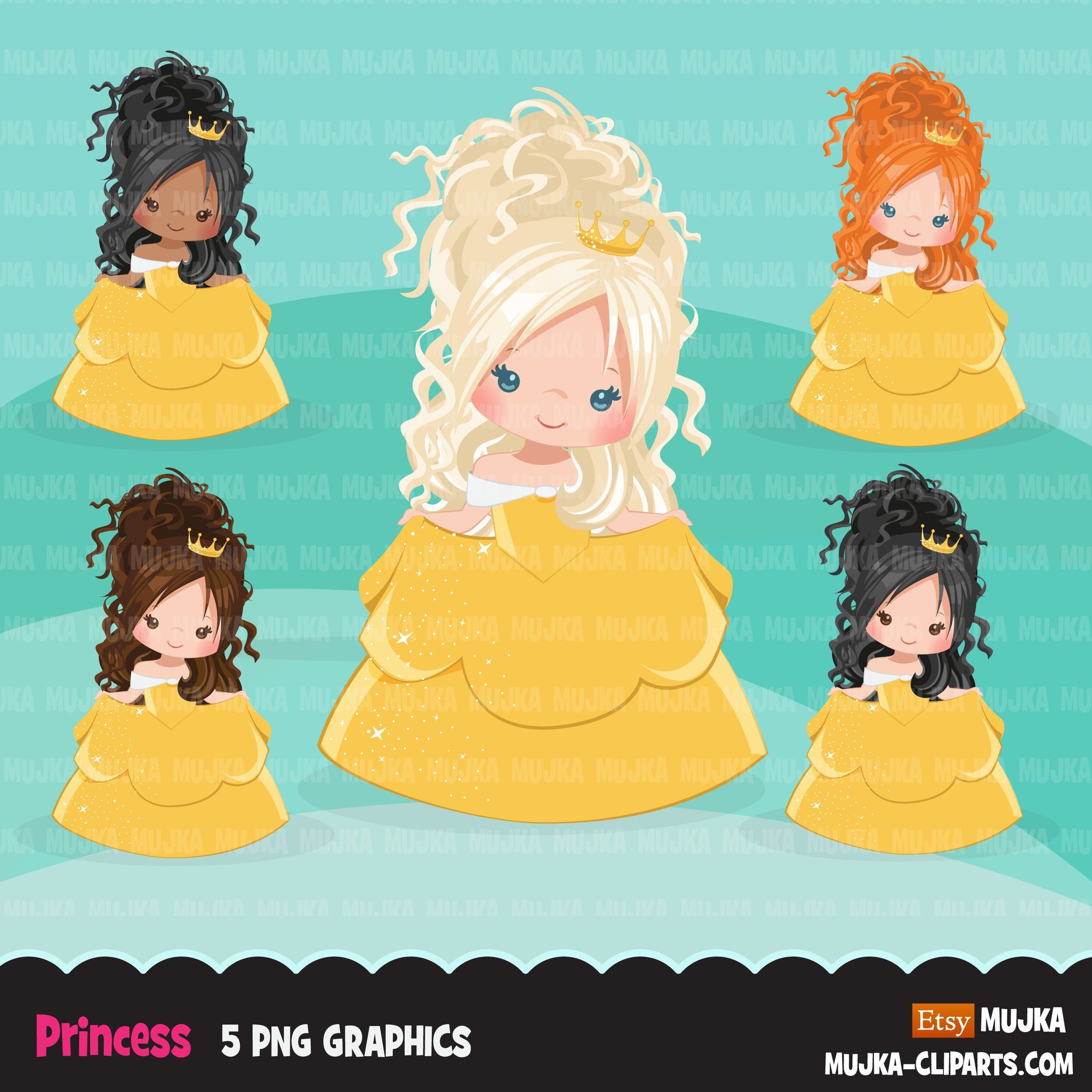 Princess clipart, fairy tale graphics, girls story book, yellow princess dress, commercial use clip art