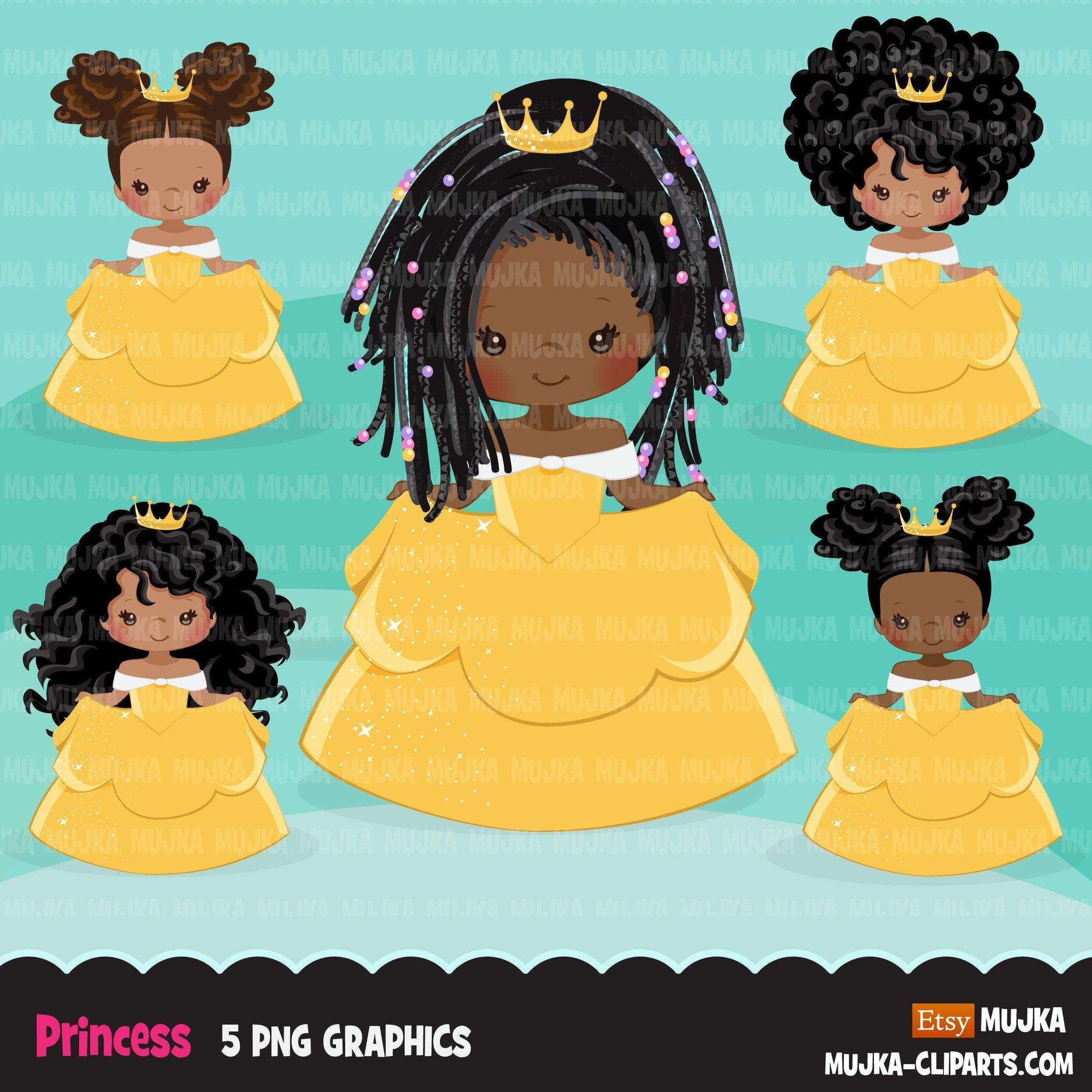 Black Princess clipart, fairy tale graphics, girls story book, yellow princess dress, commercial use clip art