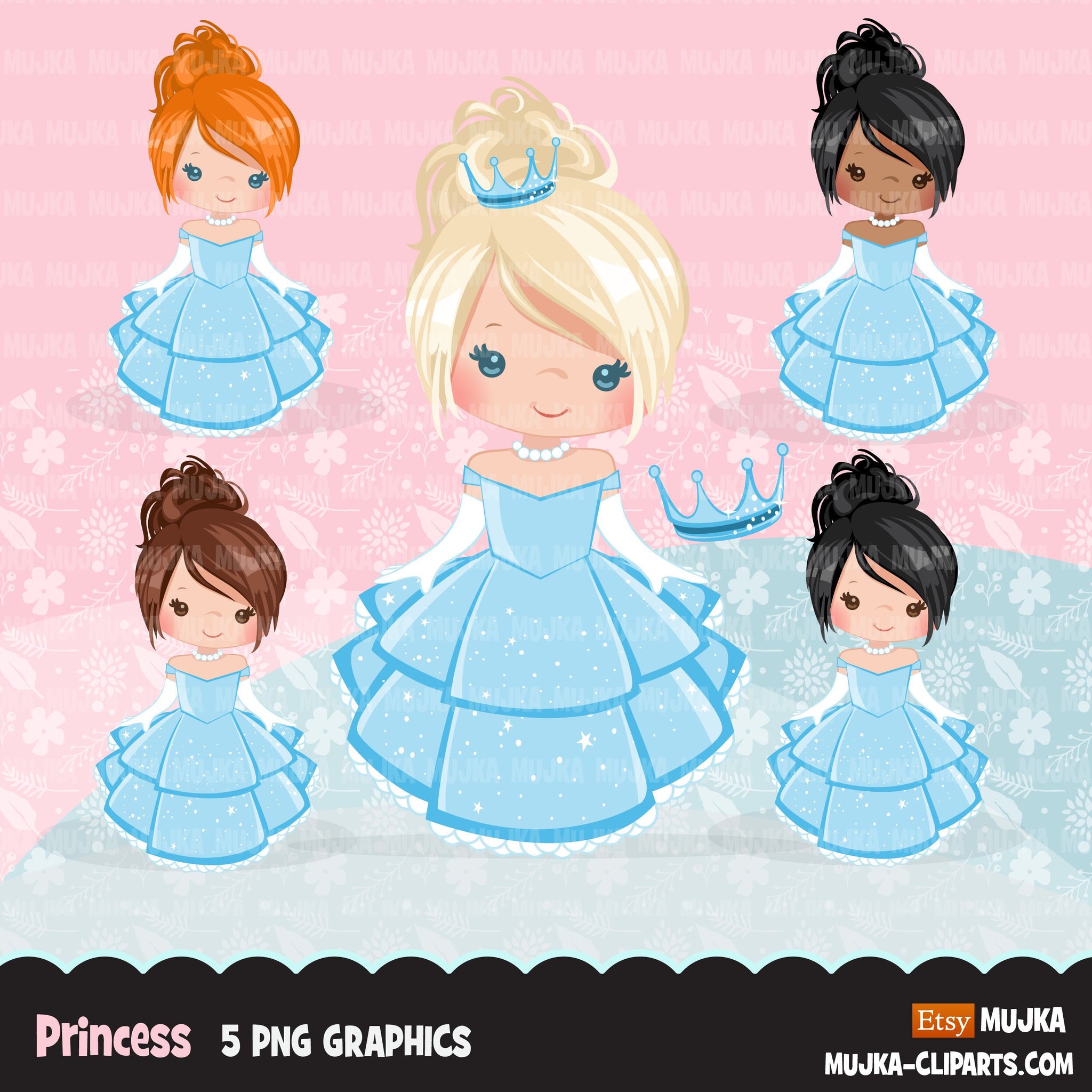 Princess clipart, fairy tale graphics, girls story book, blue princess dress, commercial use clip art
